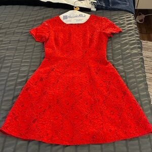 J. Crew Red Lace Dress with Scallop Sleeve Detail